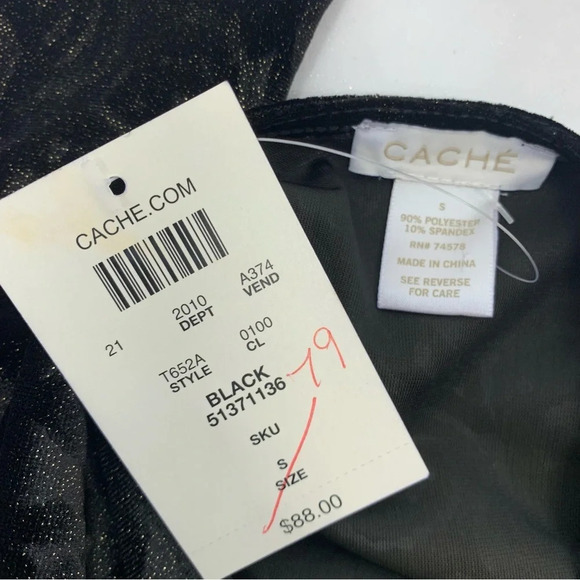 Cache Blouse Top Woman Small  Black Velvet Metallic Long Sleeve Sparkle Stretch - Picture 7 of 11